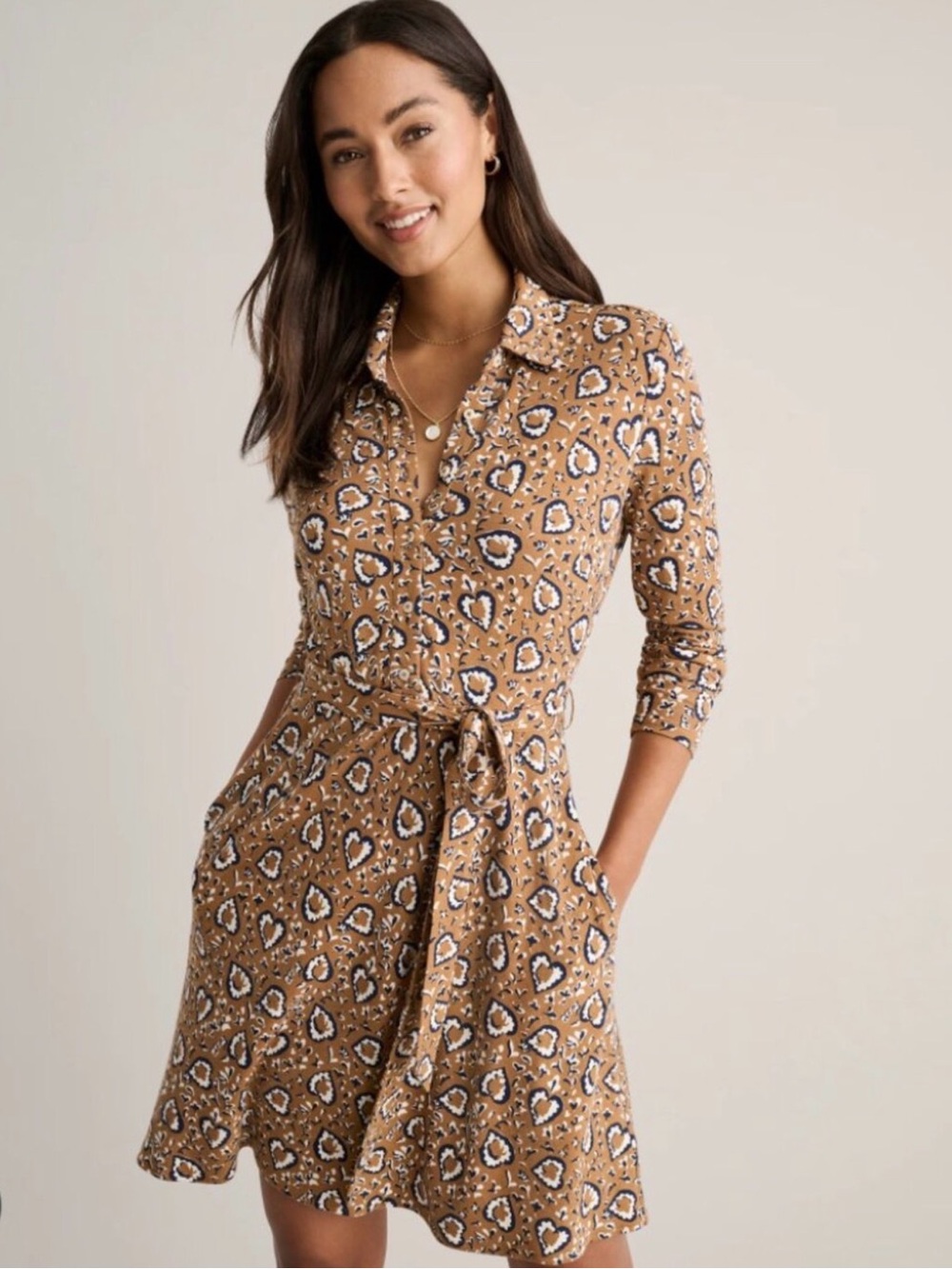 NWT Untuckit Tan Printed Romy Jersey Shirt Mini Dress with Tie Waist Size Medium